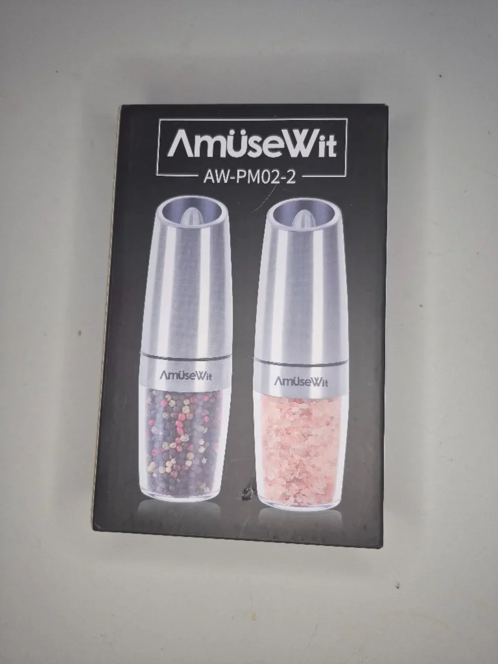 AmuseWit Gravity Electric Salt and Pepper Grinder Set AW-PM02-2 Silver New Box